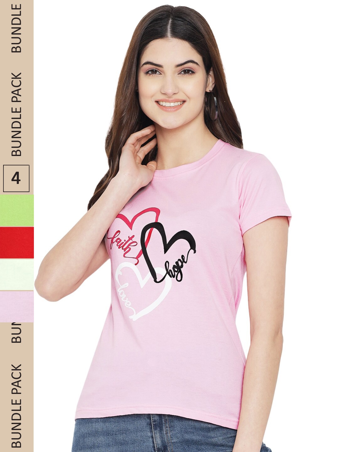 

Fabflee Pack Of 4 Printed Cotton T-shirts, Pink