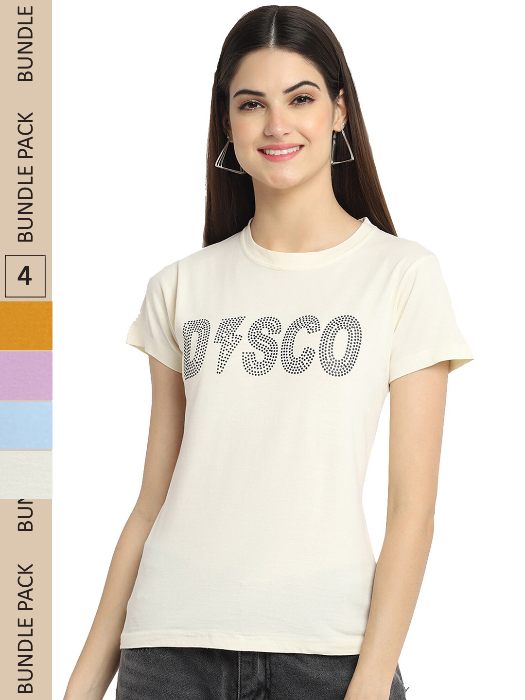 

Fabflee Pack Of 4 Typography Printed Cotton T-Shirts, Cream