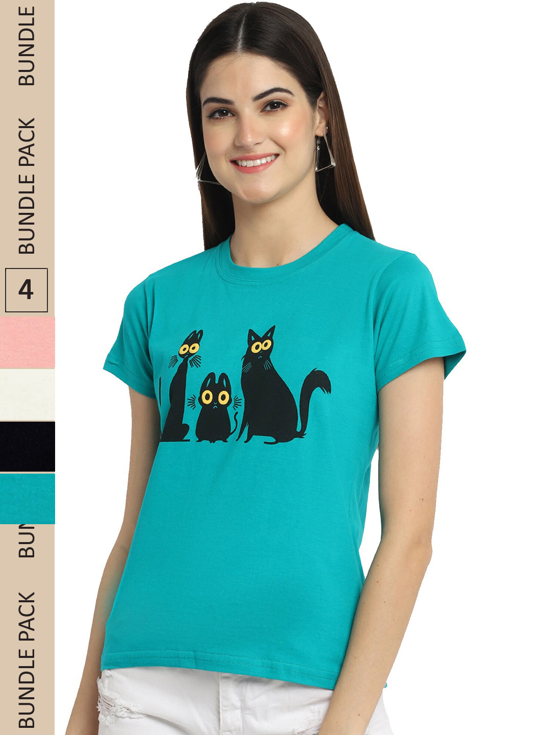 

Fabflee Pack Of 4 Typography Printed Cotton T-Shirt, Teal