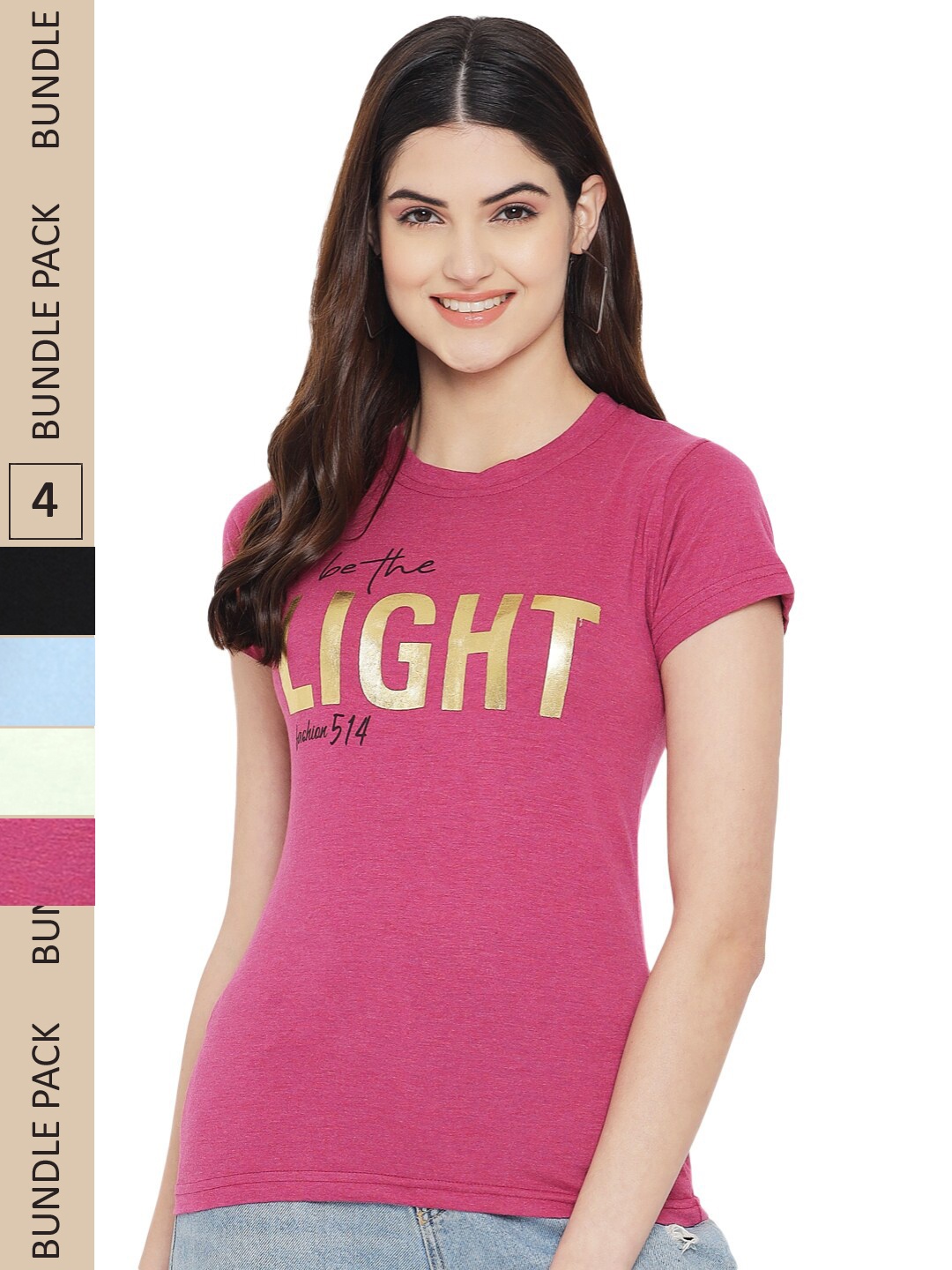 

Fabflee Pack Of 4 Typography Printed Cotton T-Shirt, Pink