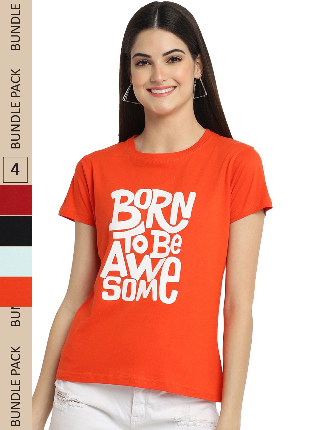 

Fabflee Pack Of 4 Typography Printed Cotton T-shirt, Orange