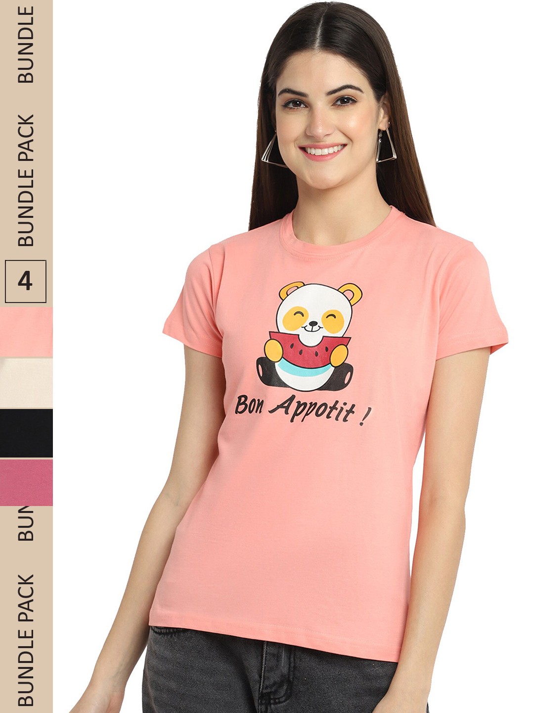

Fabflee Pack Of 4 Graphic Printed Cotton T-shirt, Pink