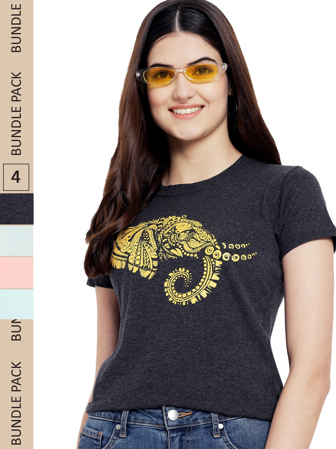 

Fabflee Pack of 4 Graphic Printed Round Neck Cotton T-shirt, Charcoal