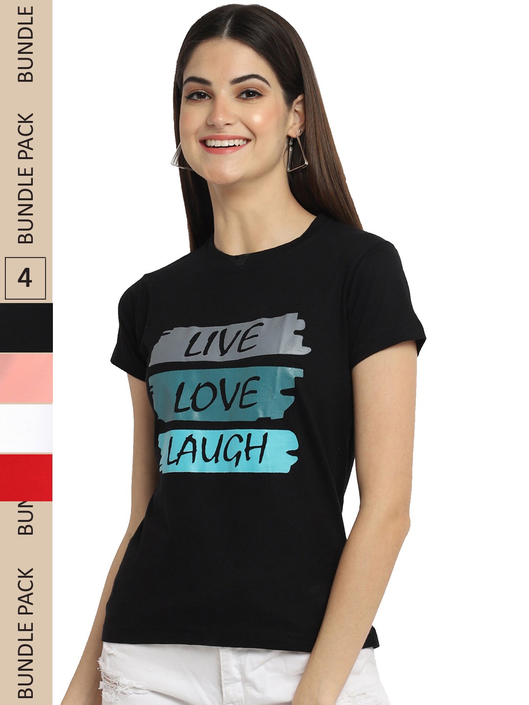 

Fabflee Pack Of 4 Printed Cotton T-Shirts, Black