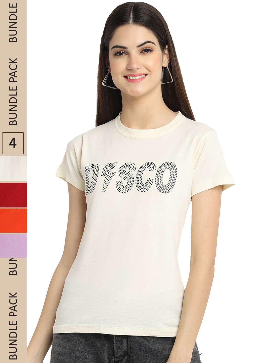 

Fabflee Pack Of 4 Printed Cotton T-shirts, Off white