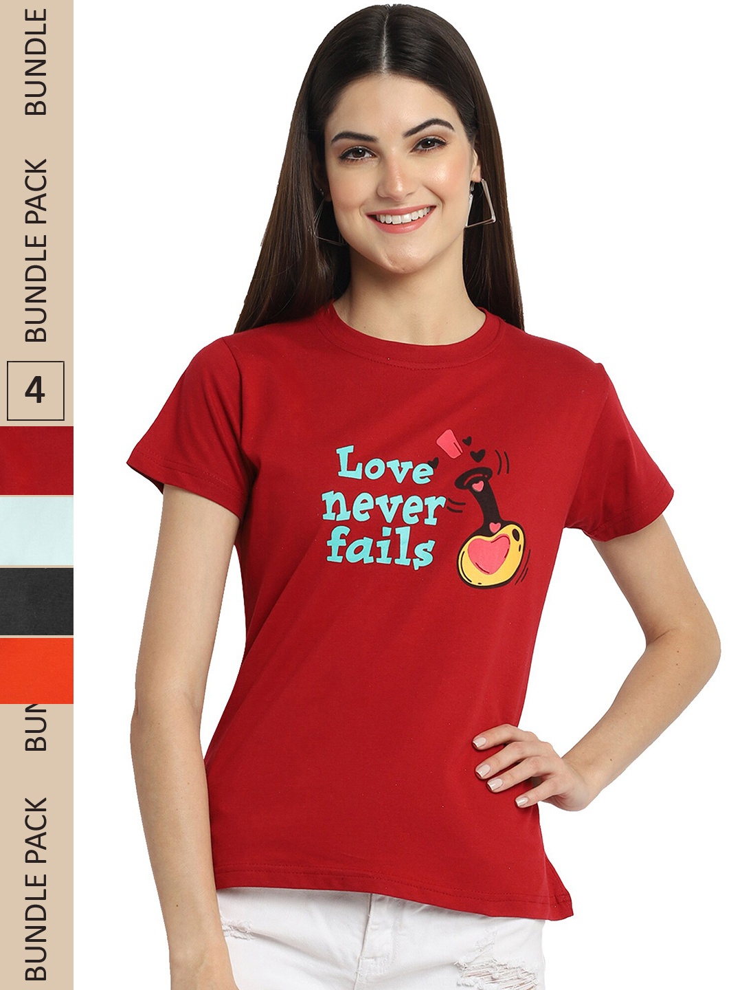 

Fabflee Pack Of 4 Typography Printed Cotton T-shirt, Red