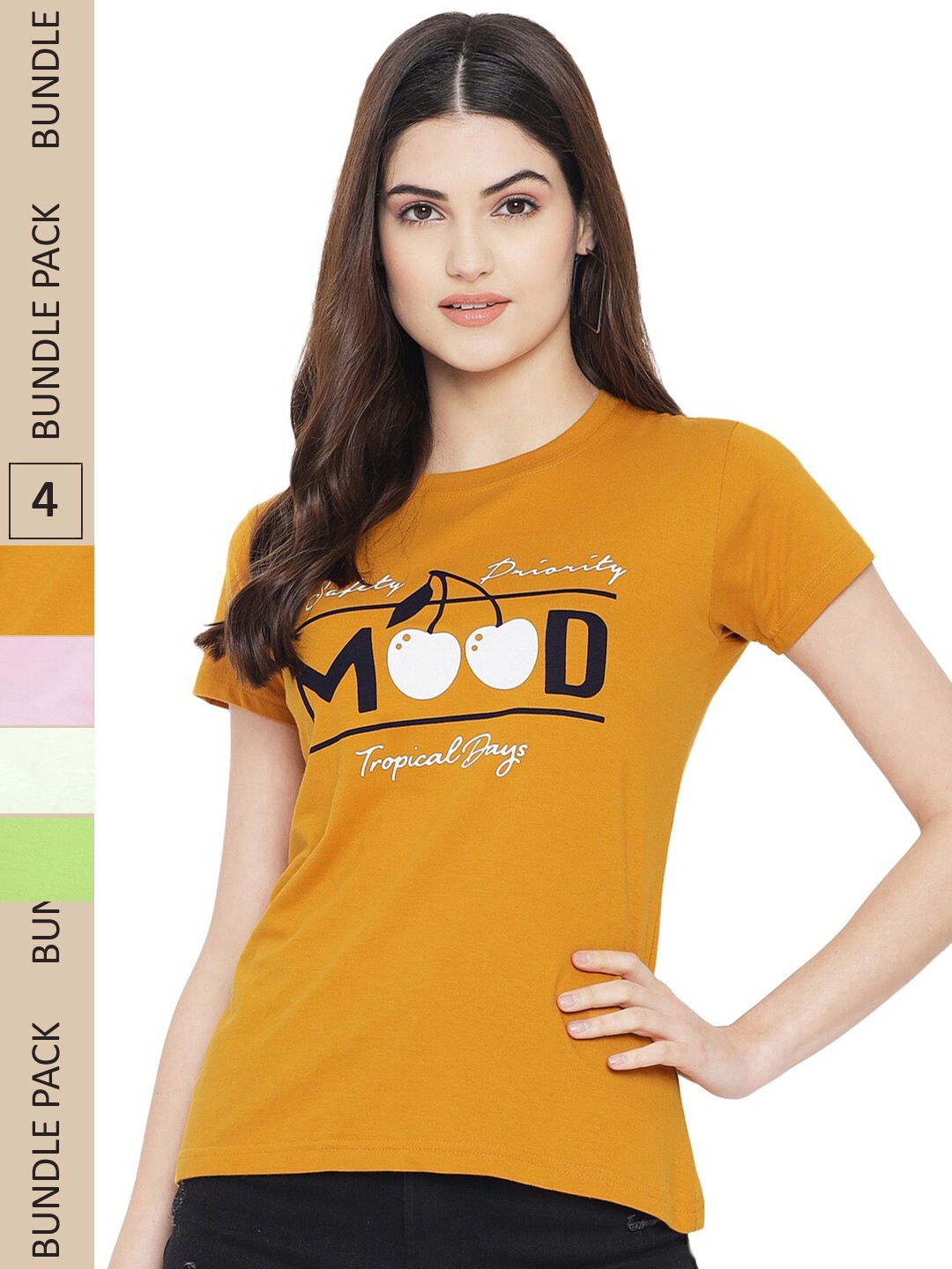 

Fabflee Pack Of 4 Printed Cotton T-shirts, Mustard