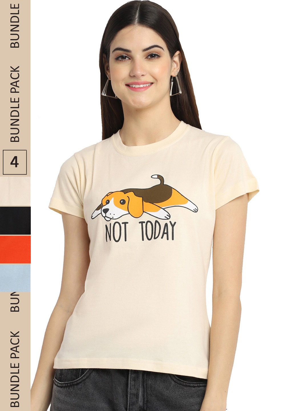 

Fabflee Pack of 4 Graphic Printed Round Neck Cotton T-shirt, Cream