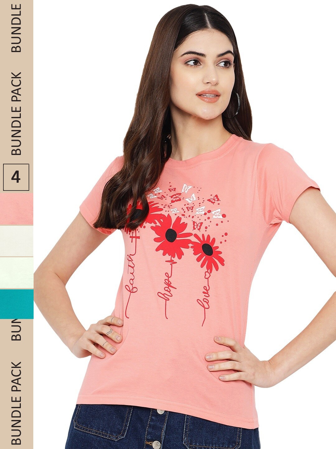 

Fabflee Pack Of 4 Typography Printed Round Neck Comfortable Cotton T-shirts, Pink