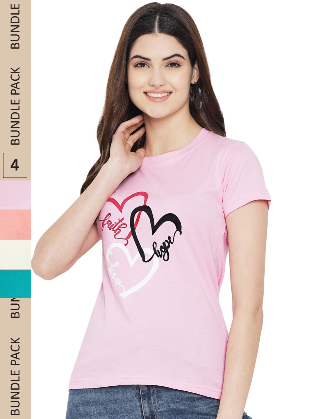 

Fabflee Pack of 4 Graphic Printed Round Neck Cotton T-shirt, Pink