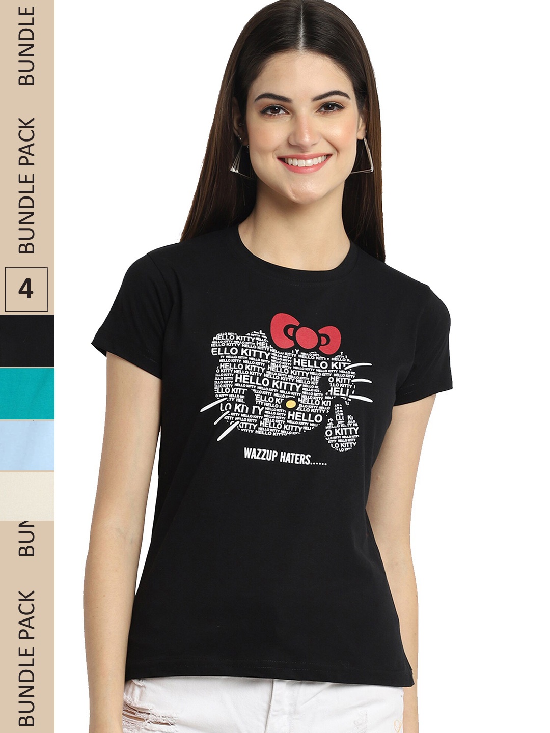 

Fabflee Pack Of 4 Printed Cotton T-shirts, Black