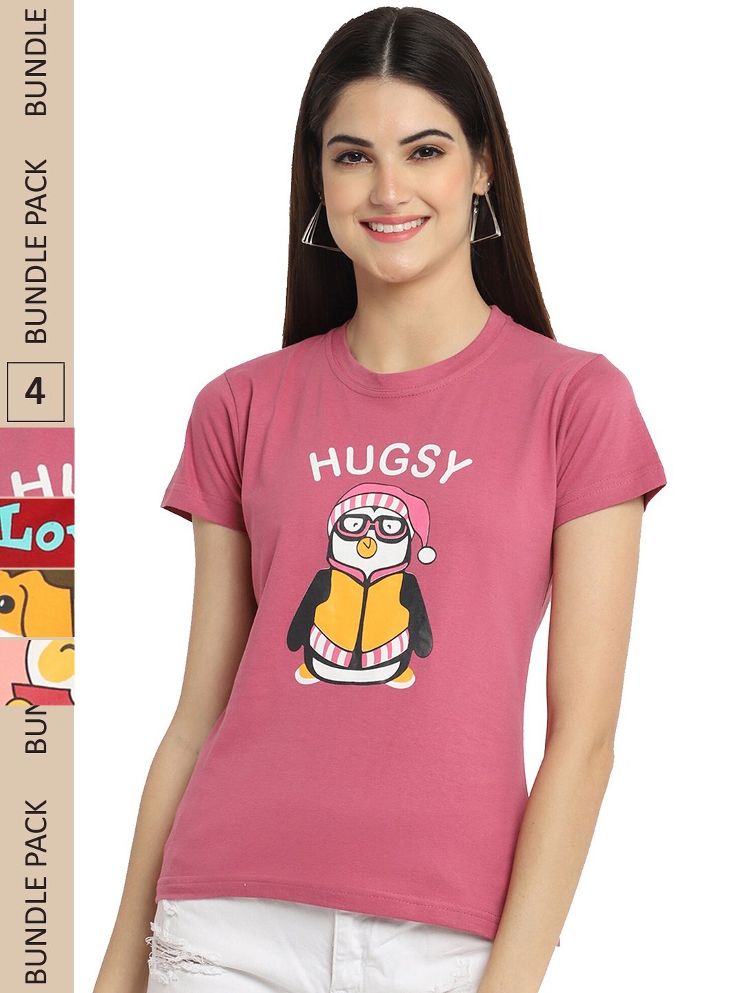 

Fabflee Pack Of 4 Typography Printed Cotton T-Shirt, Pink