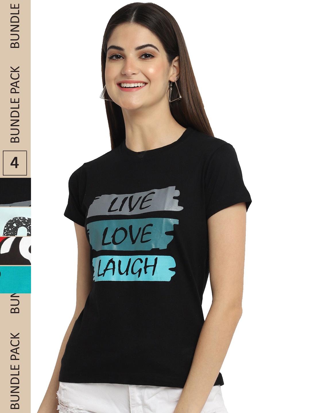 

Fabflee Pack of 4 Typography Printed Round Neck Cotton T-shirt, Black