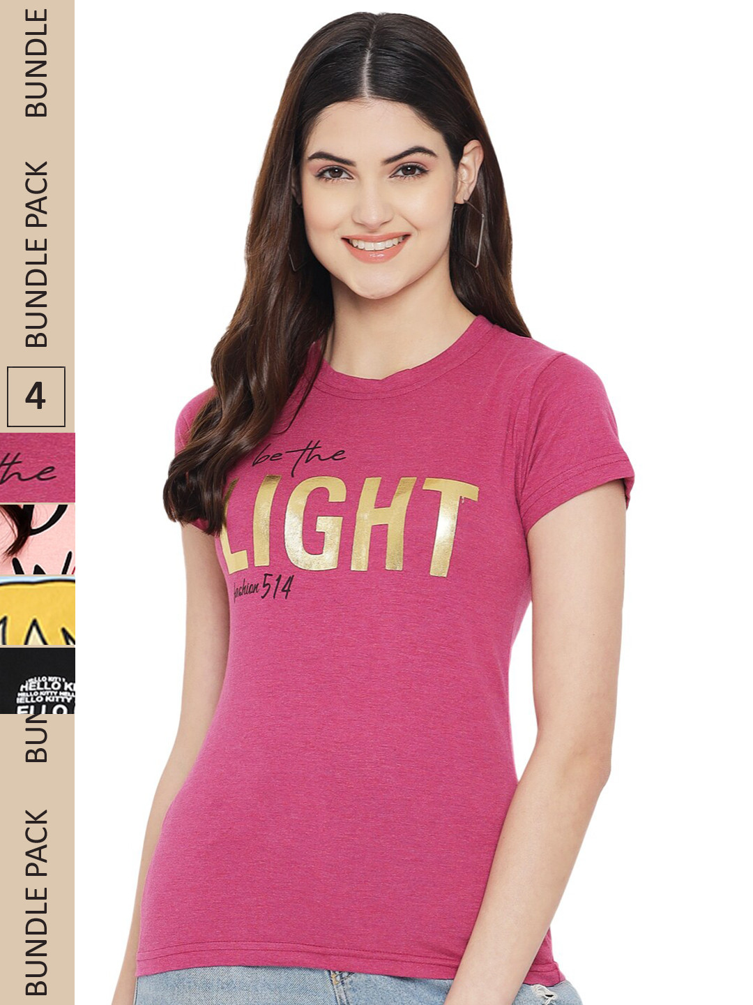 

Fabflee Pack Of 4 Printed Cotton T-Shirts, Pink