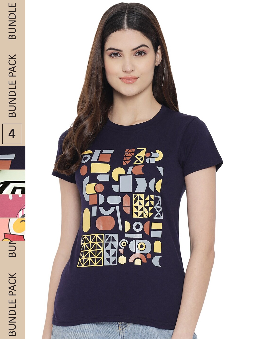 

Fabflee Pack of 4 Graphic Printed Round Neck Cotton T-shirt, Navy blue