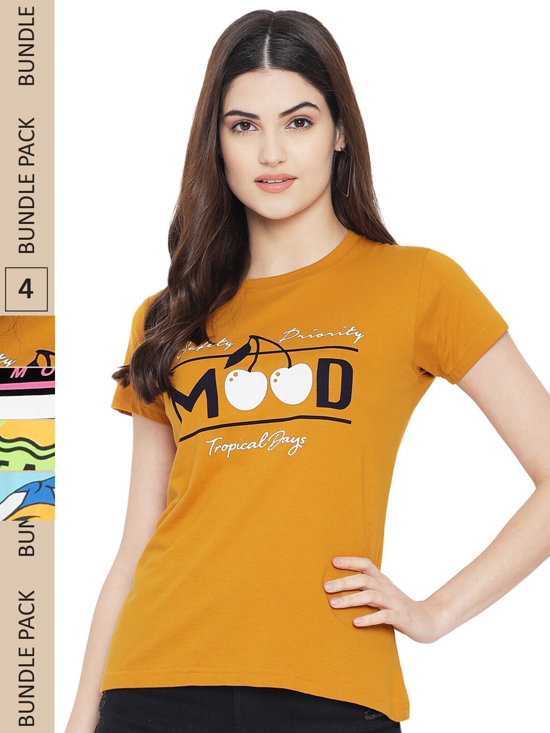 

Fabflee Pack Of 4 Printed Cotton T-shirt, Mustard