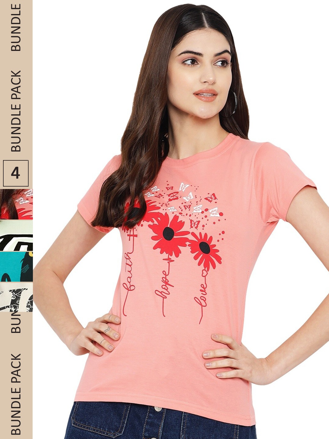 

Fabflee Pack Of 4 Printed Cotton T-shirts, Peach