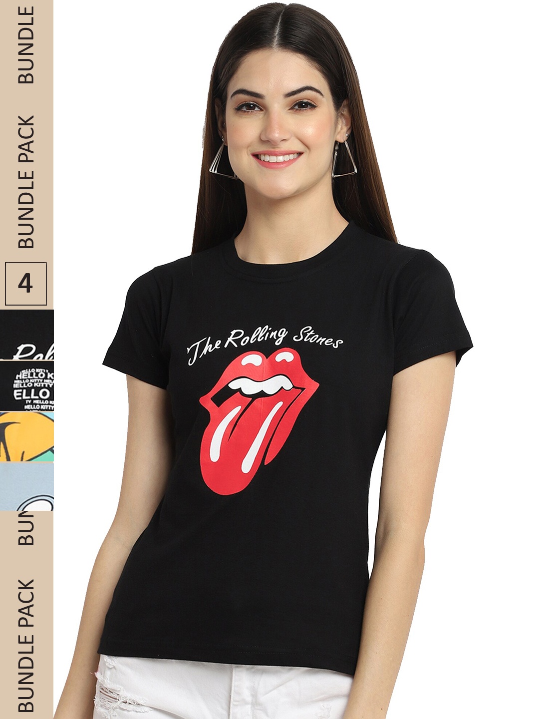 

Fabflee Pack of 4 Graphic Printed Round Neck Cotton T-shirt, Black