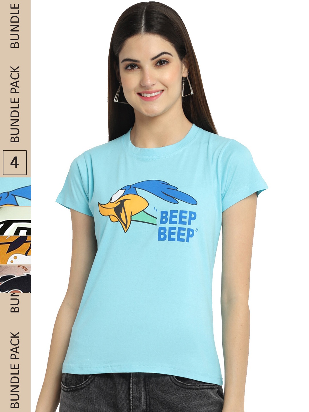 

Fabflee Pack Of 4 Printed Cotton T-shirts, Turquoise blue