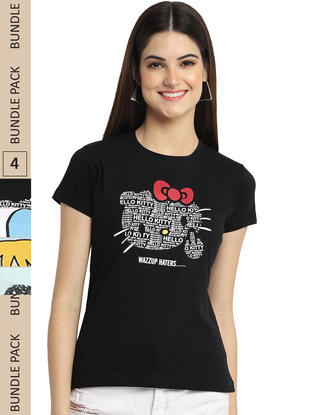 

Fabflee Pack Of 4 Typography Printed Cotton T-Shirts, Black