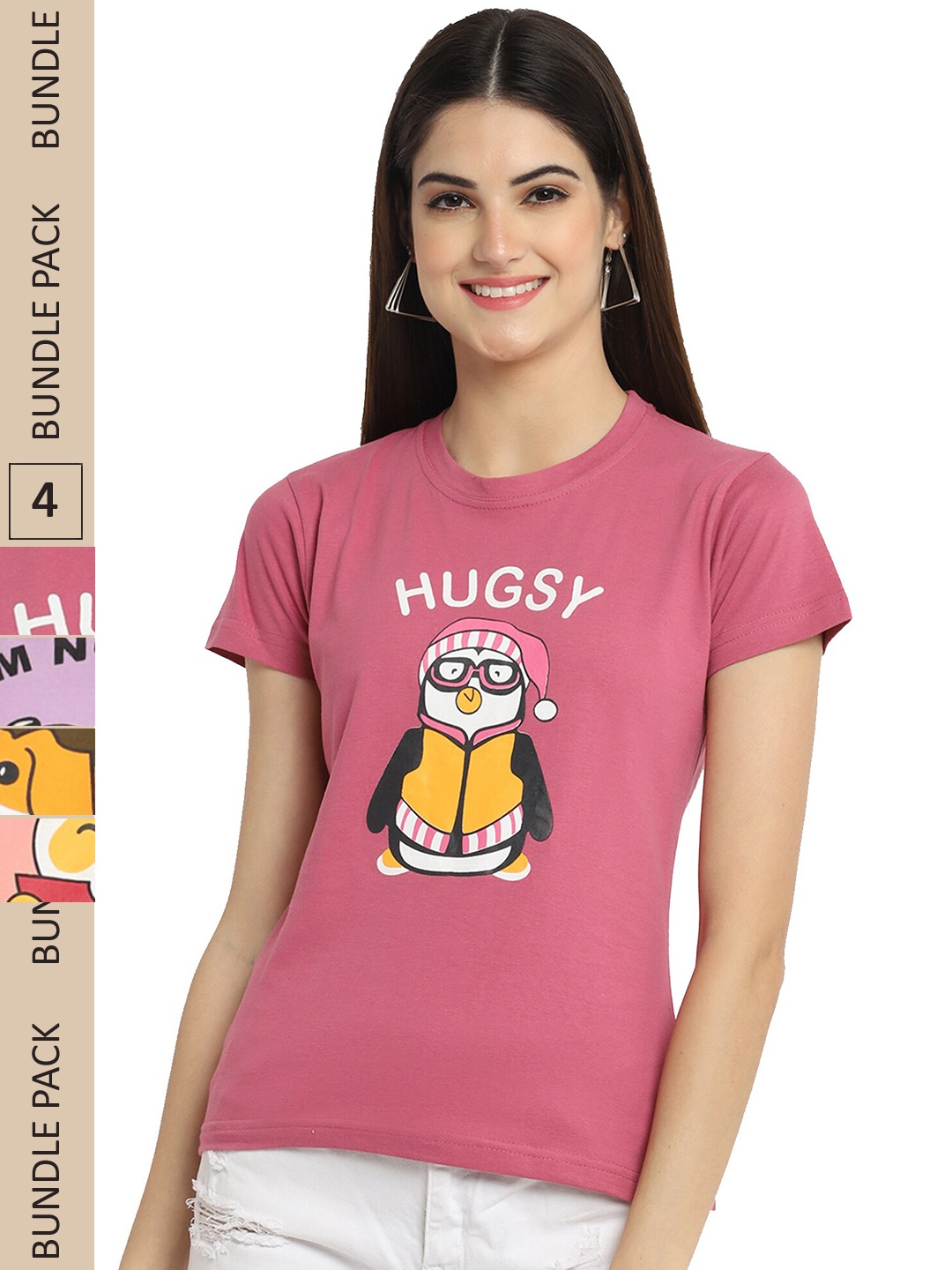 

Fabflee Pack Of 4 Printed Cotton T-shirts, Pink