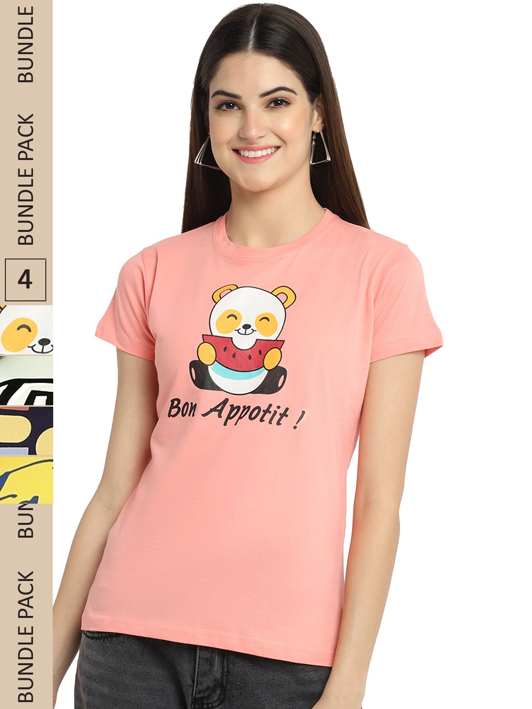 

Fabflee Pack of 4 Graphic Printed Round Neck Cotton T-shirt, Peach