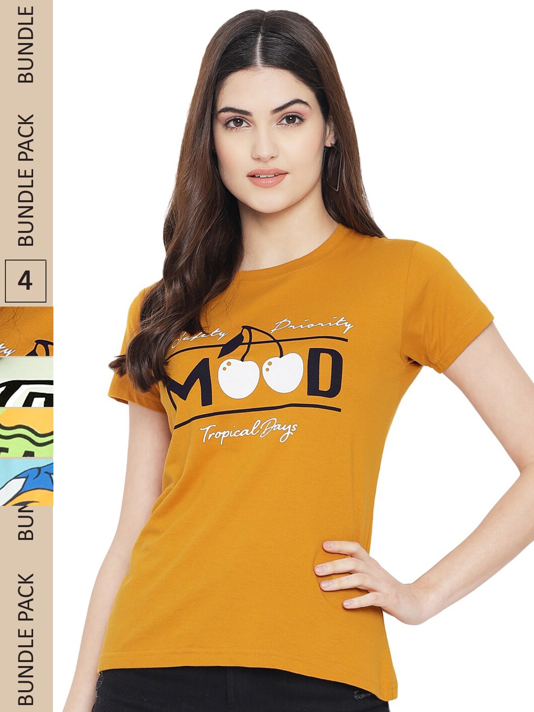 

Fabflee Pack Of 4 Typography Printed Cotton T-shirt, Mustard