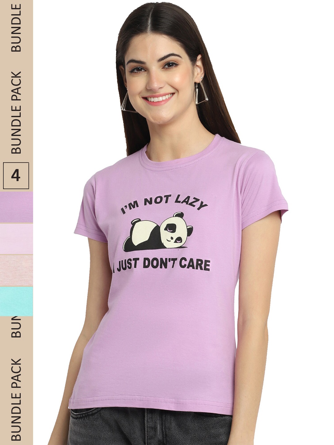 

Fabflee Pack Of 4 Typography Printed Regular Fit Cotton T-shirt, Lavender