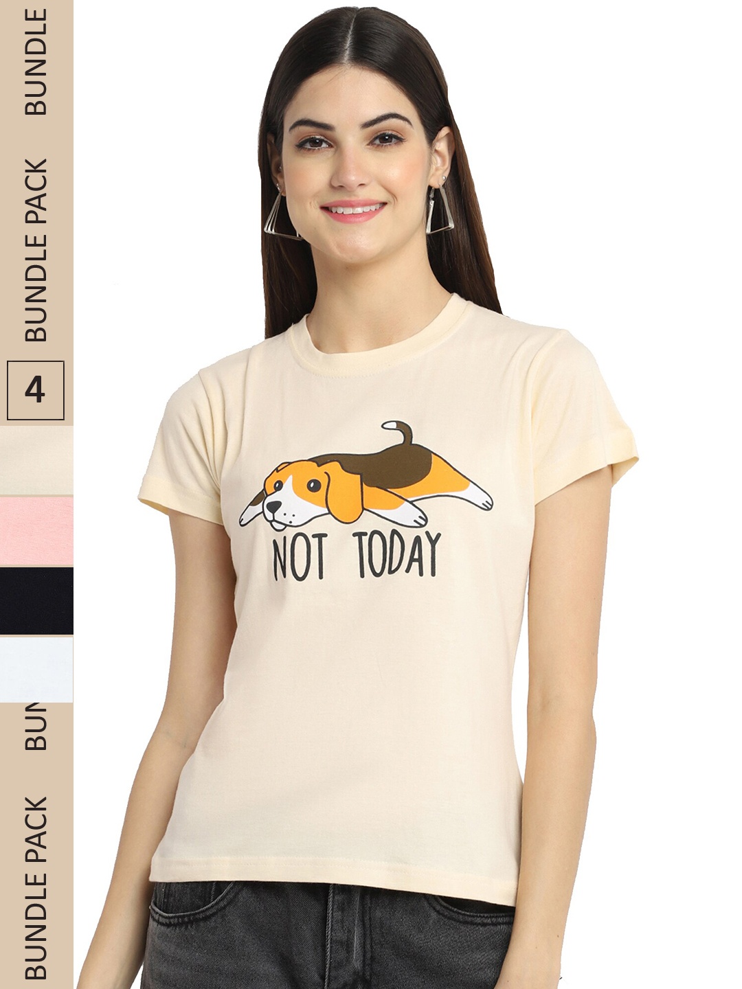 

Fabflee Pack Of 4 Typography Printed Cotton T-shirt, Beige