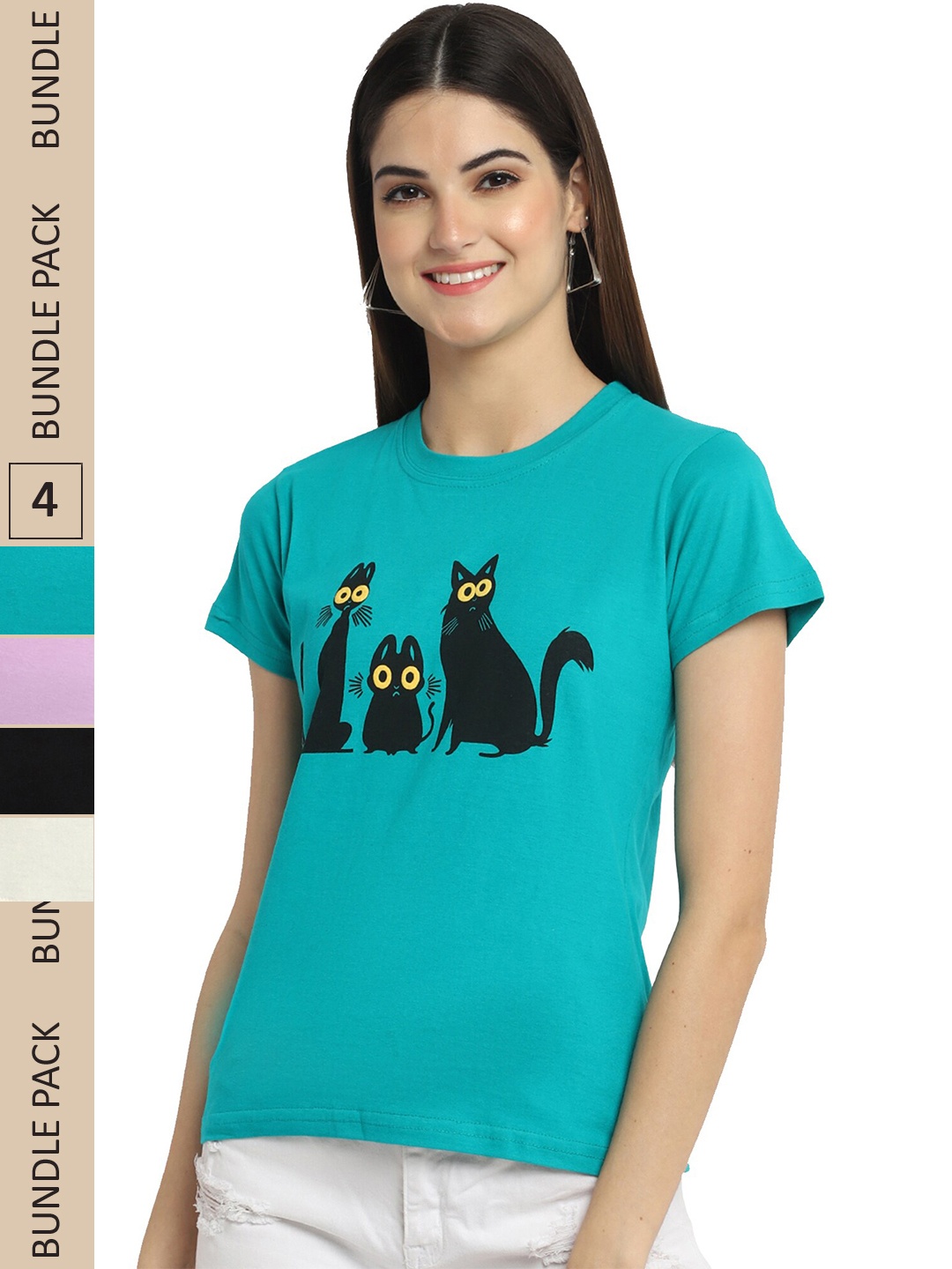 

Fabflee Pack Of 4 Printed Cotton T-shirts, Teal