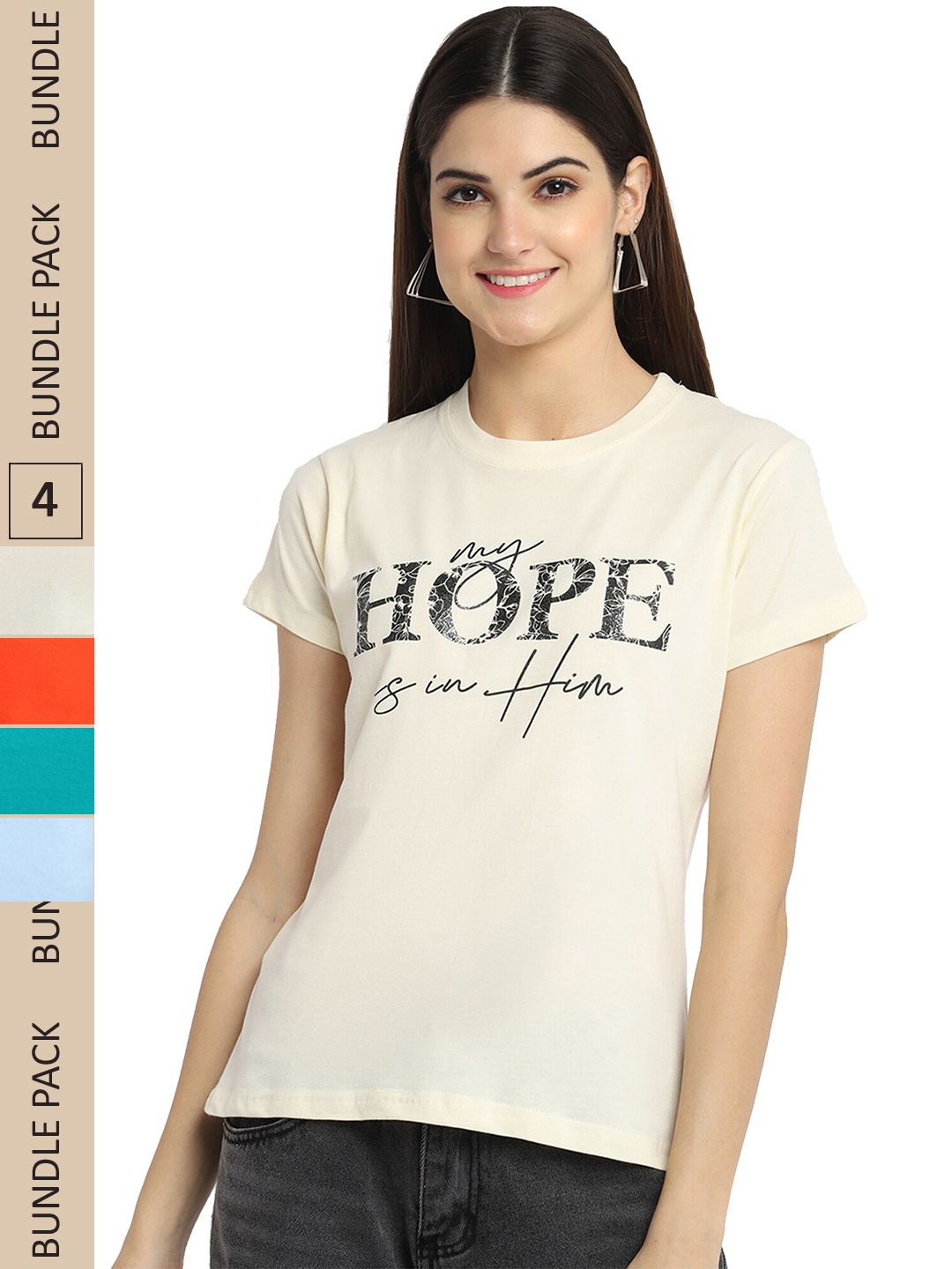 

Fabflee Pack Of 4 Typography Printed Cotton T-Shirt, Beige