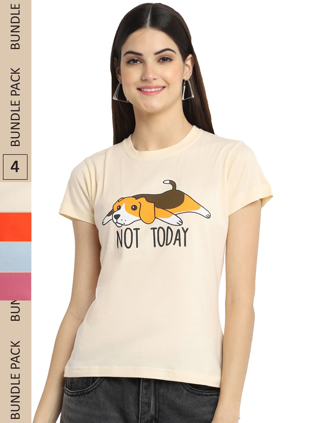 

Fabflee Pack Of 4 Typography Printed Cotton T-Shirt, Beige