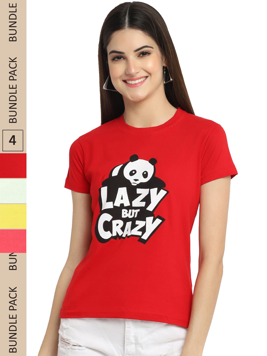 

Fabflee Pack Of 4 Typography Printed Cotton T-Shirts, Red