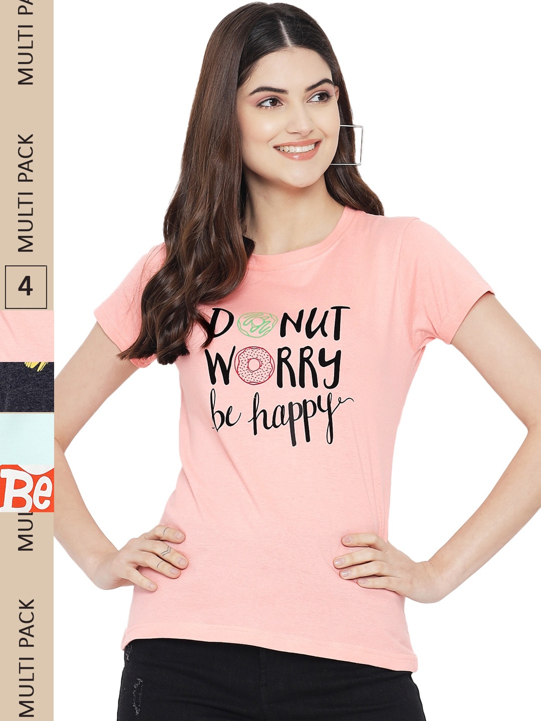 

Fabflee Pack Of 4 Typography Printed Cotton T-Shirt, Pink