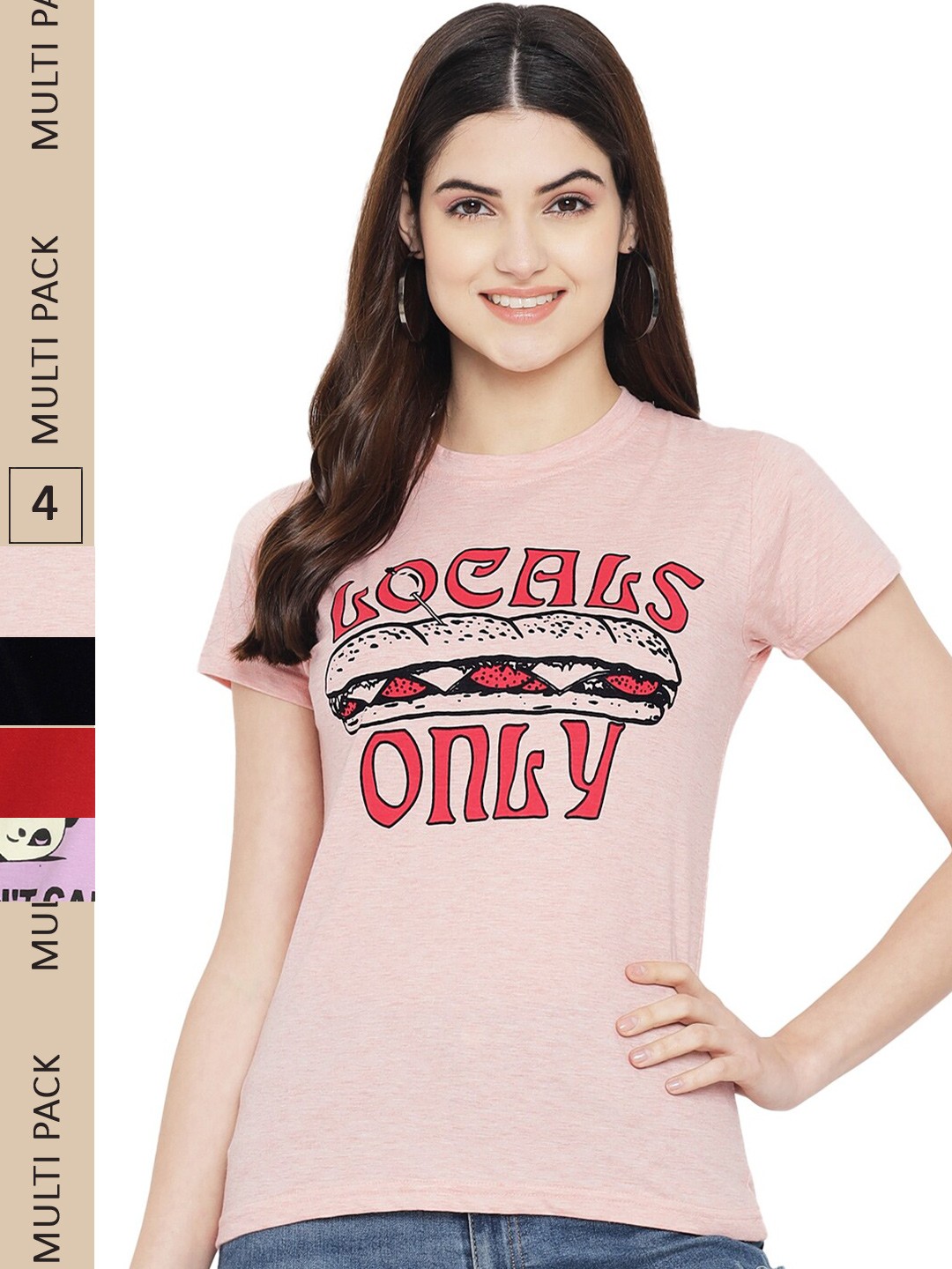 

Fabflee Pack Of 4 Printed Cotton T-shirts, Peach