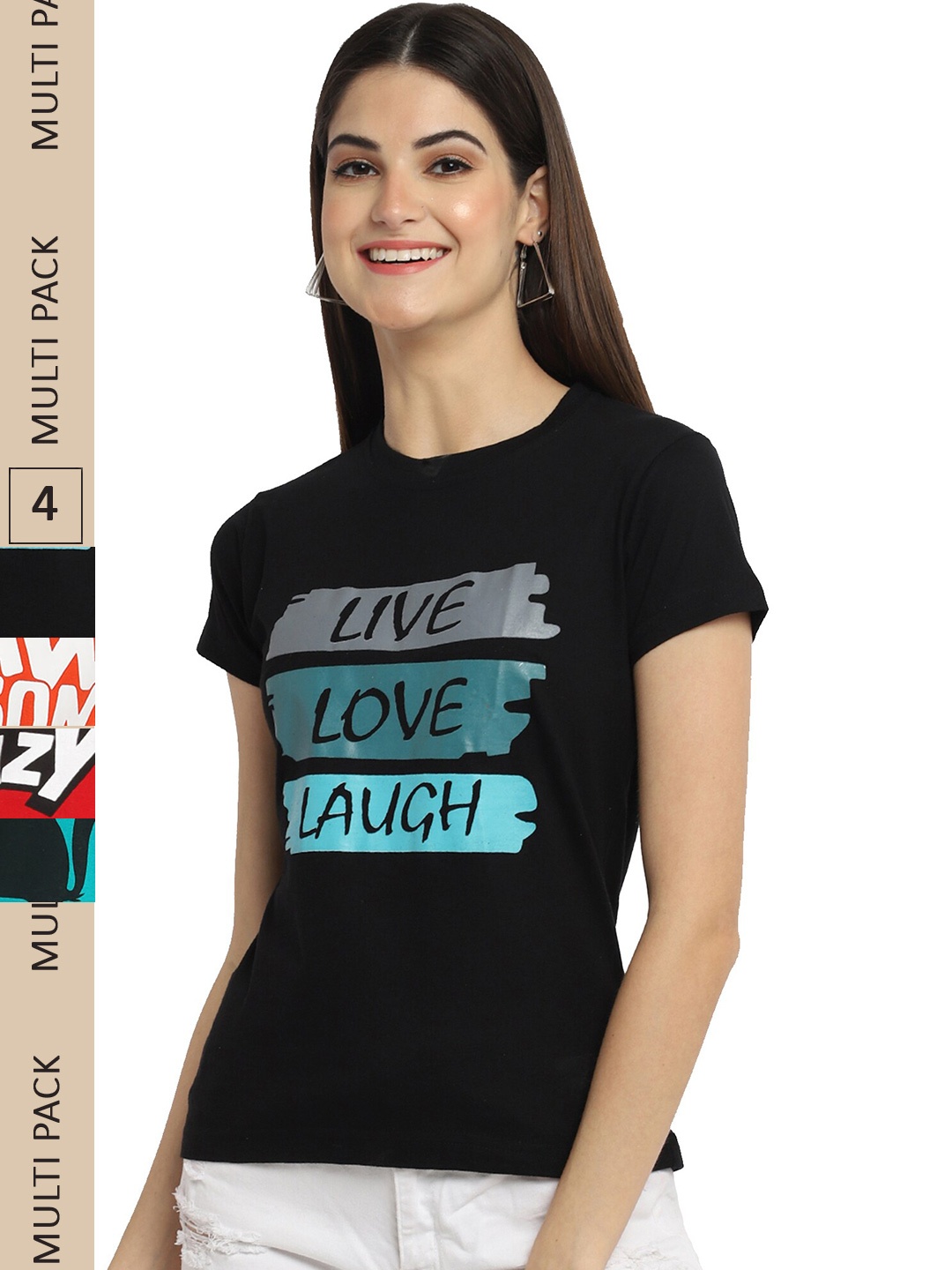 

Fabflee Pack Of 4 Printed Cotton T-Shirts, Black