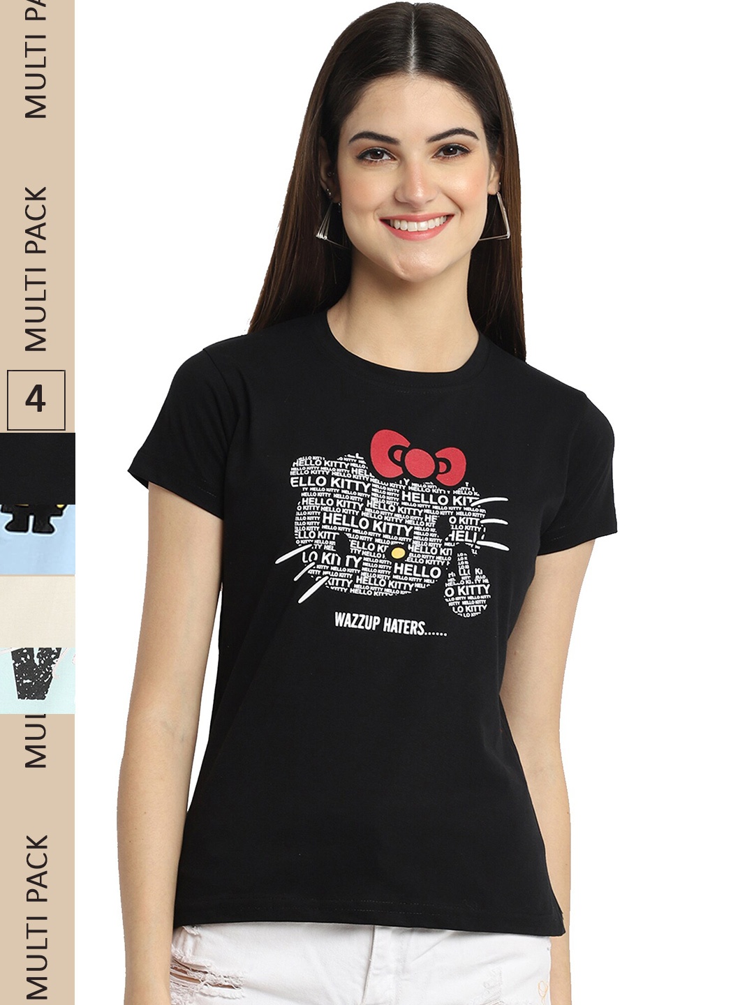 

Fabflee Pack of 4 Printed Cotton T-shirts, Black