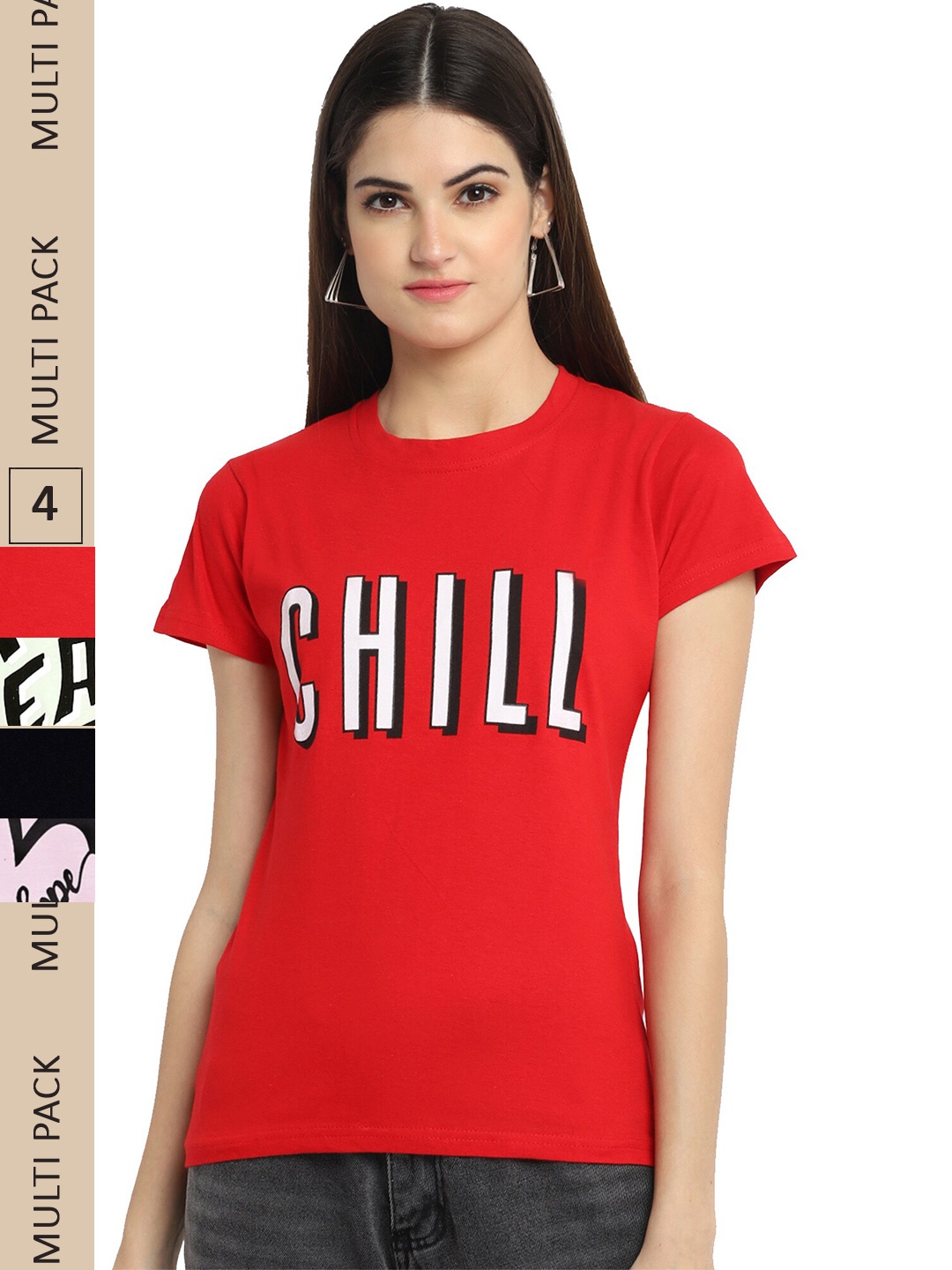 

Fabflee Pack Of 4 Printed Cotton T-shirts, Red