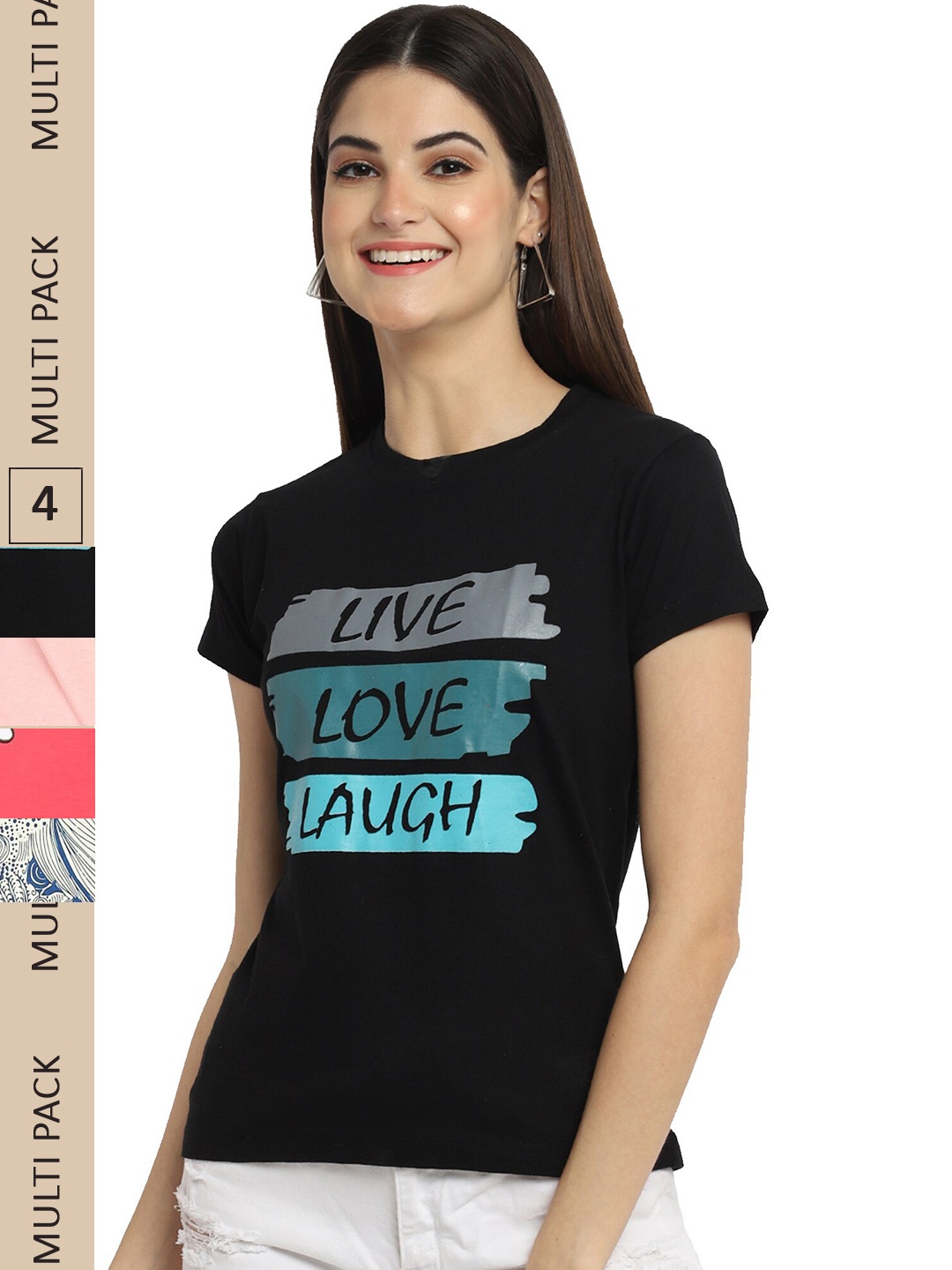 

Fabflee Pack Of 4 Typography Printed Cotton T-Shirts, Black