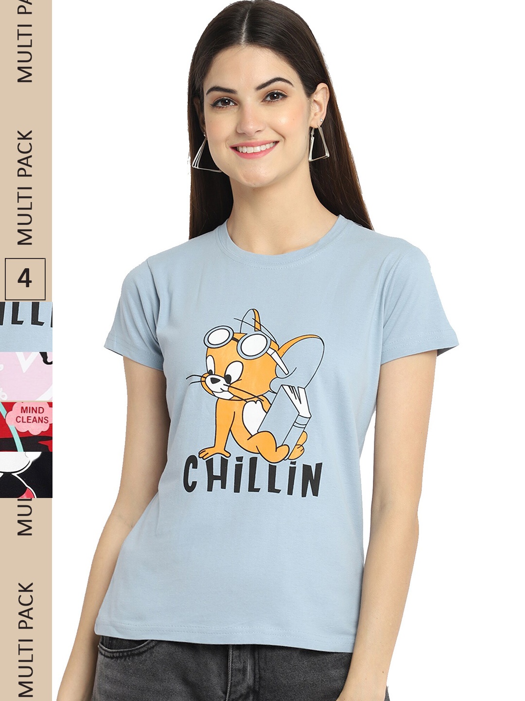 

Fabflee Pack of 4 Graphic Printed Round Neck Cotton T-shirt, Blue