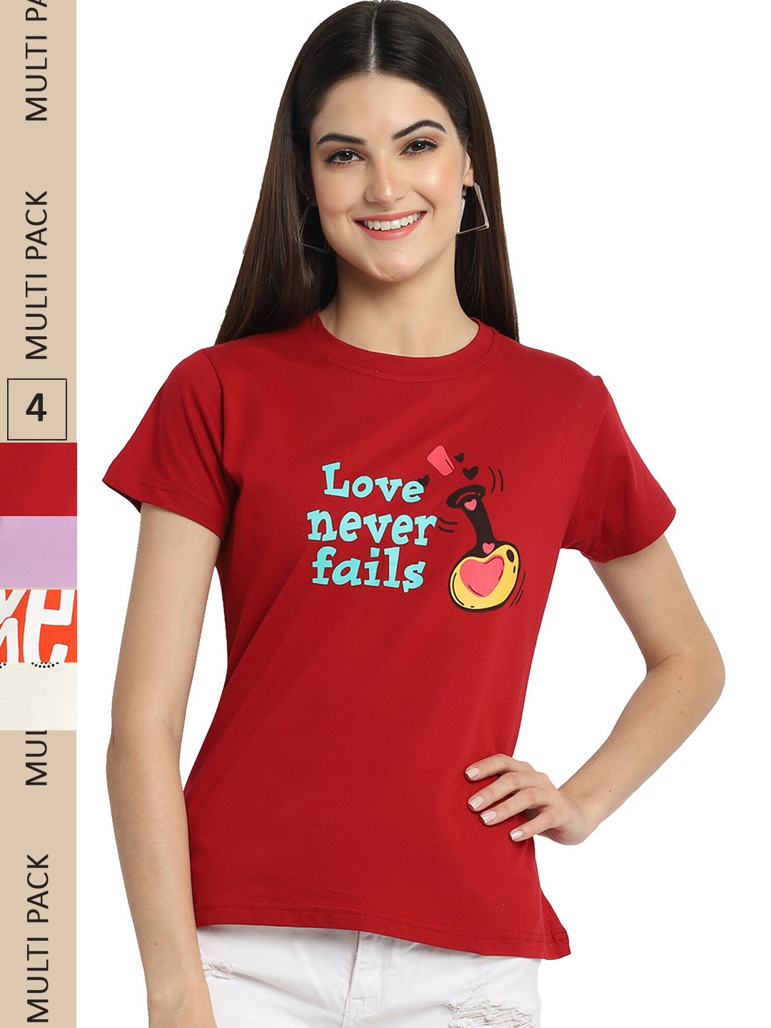 

Fabflee Pack Of 4 Printed Cotton T-shirts, Maroon