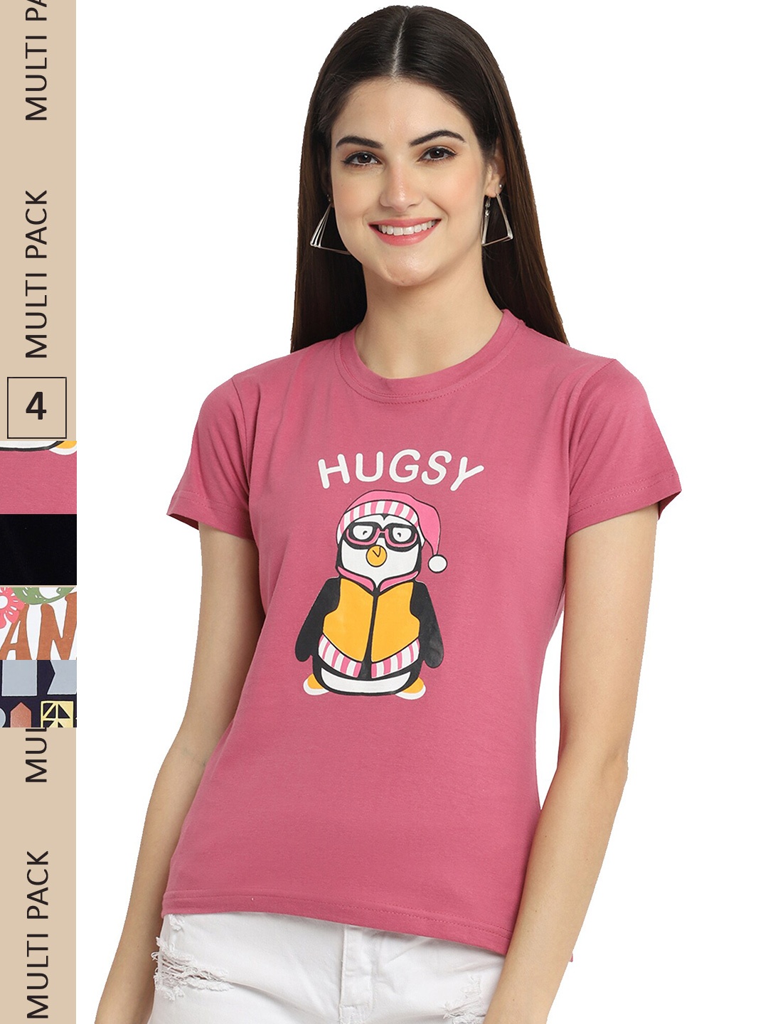 

Fabflee Pack Of 4 Printed Cotton T-shirts, Pink