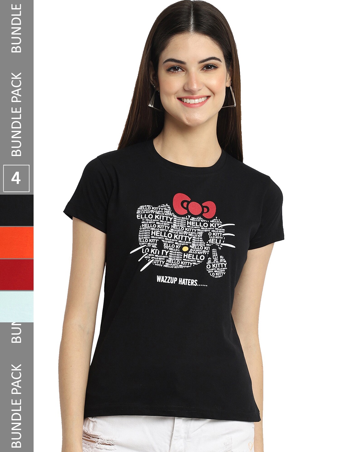 

Fabflee Pack of 4 Typography Printed Round Neck Cotton T-shirt, Black