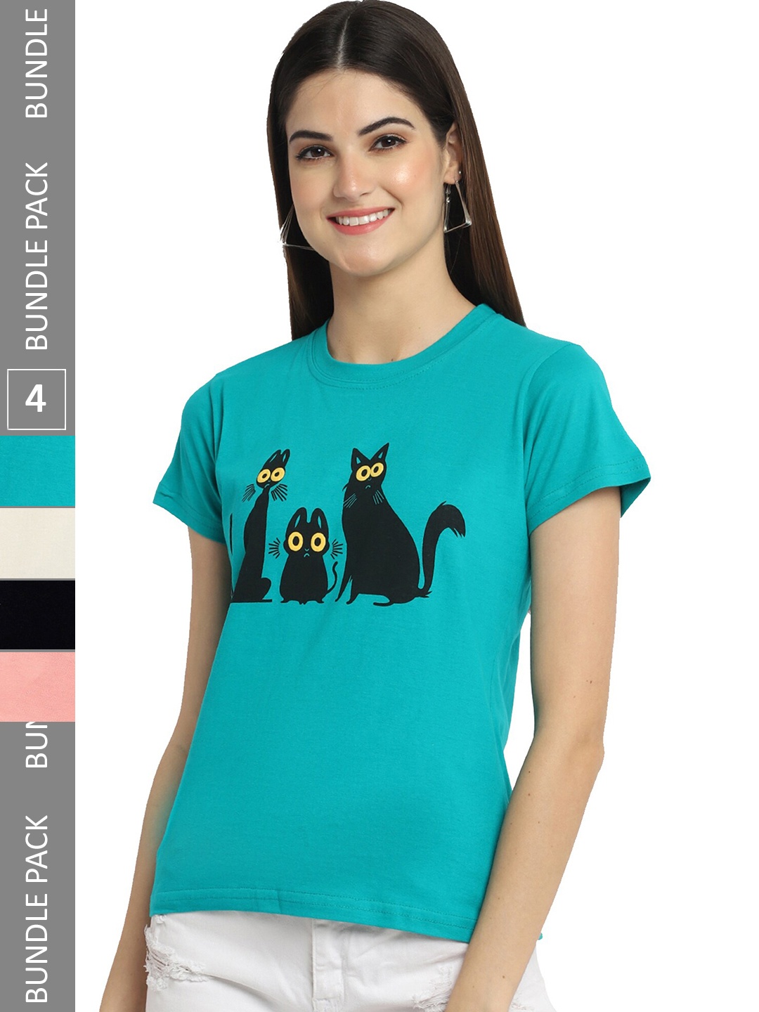 

Fabflee Pack Of 4 Typography Printed Cotton T-Shirt, Teal