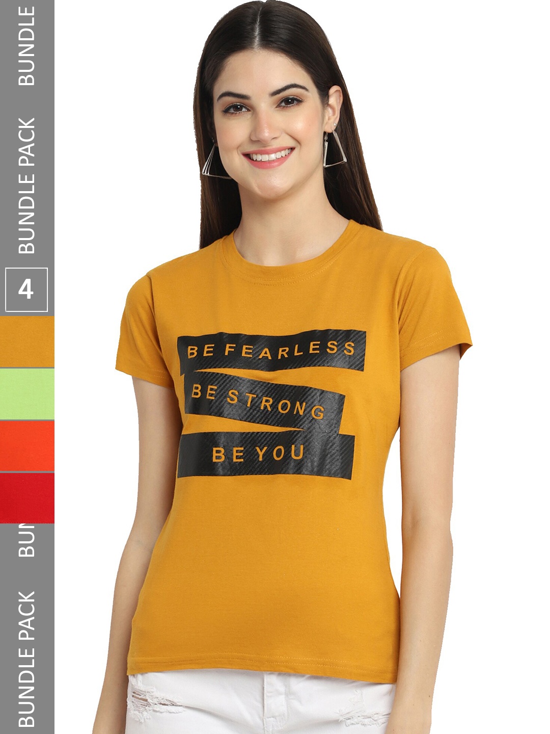

Fabflee Pack Of 4 Typography Printed Cotton T-shirt, Mustard