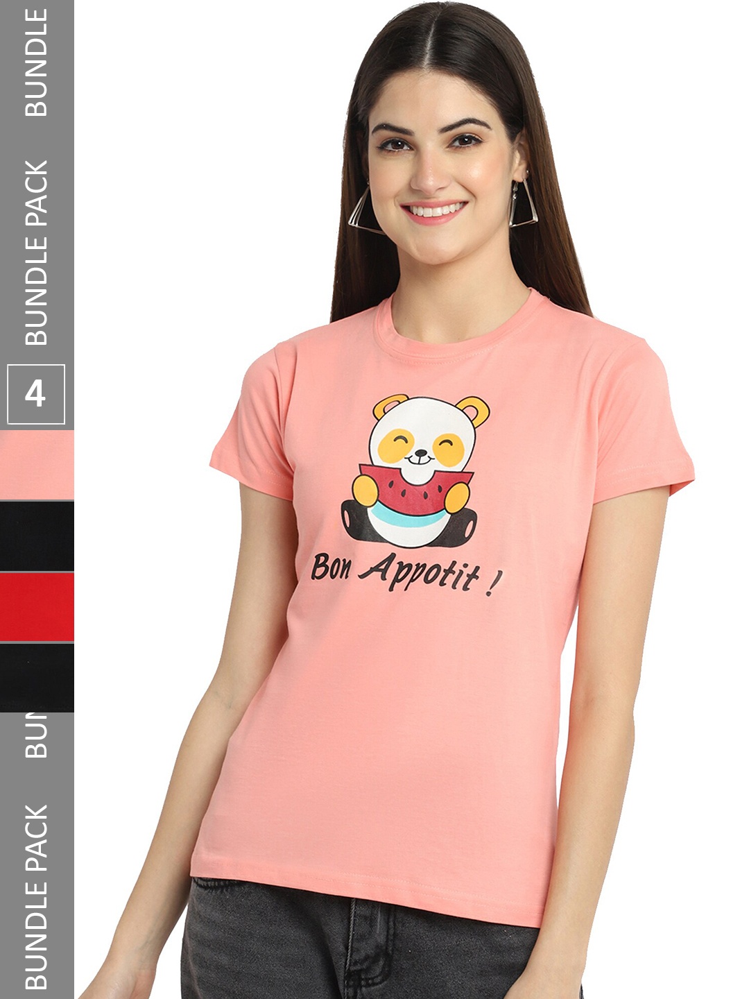 

Fabflee Pack Of 4 Typography Printed Cotton T-Shirt, Pink