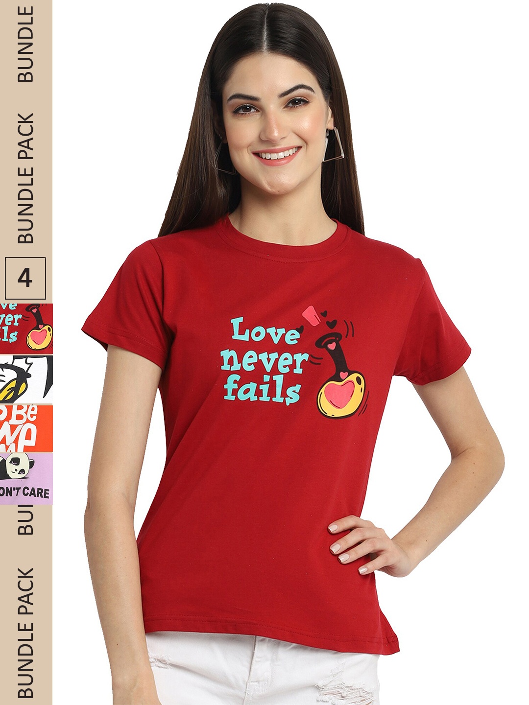 

Fabflee Pack Of 4 Printed Cotton T-shirts, Maroon