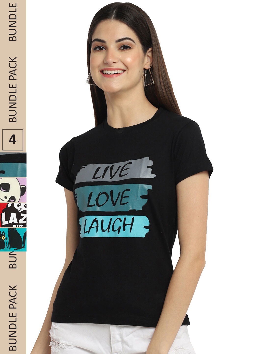 

Fabflee Pack of 4 Graphic Printed Round Neck Cotton T-shirt, Black
