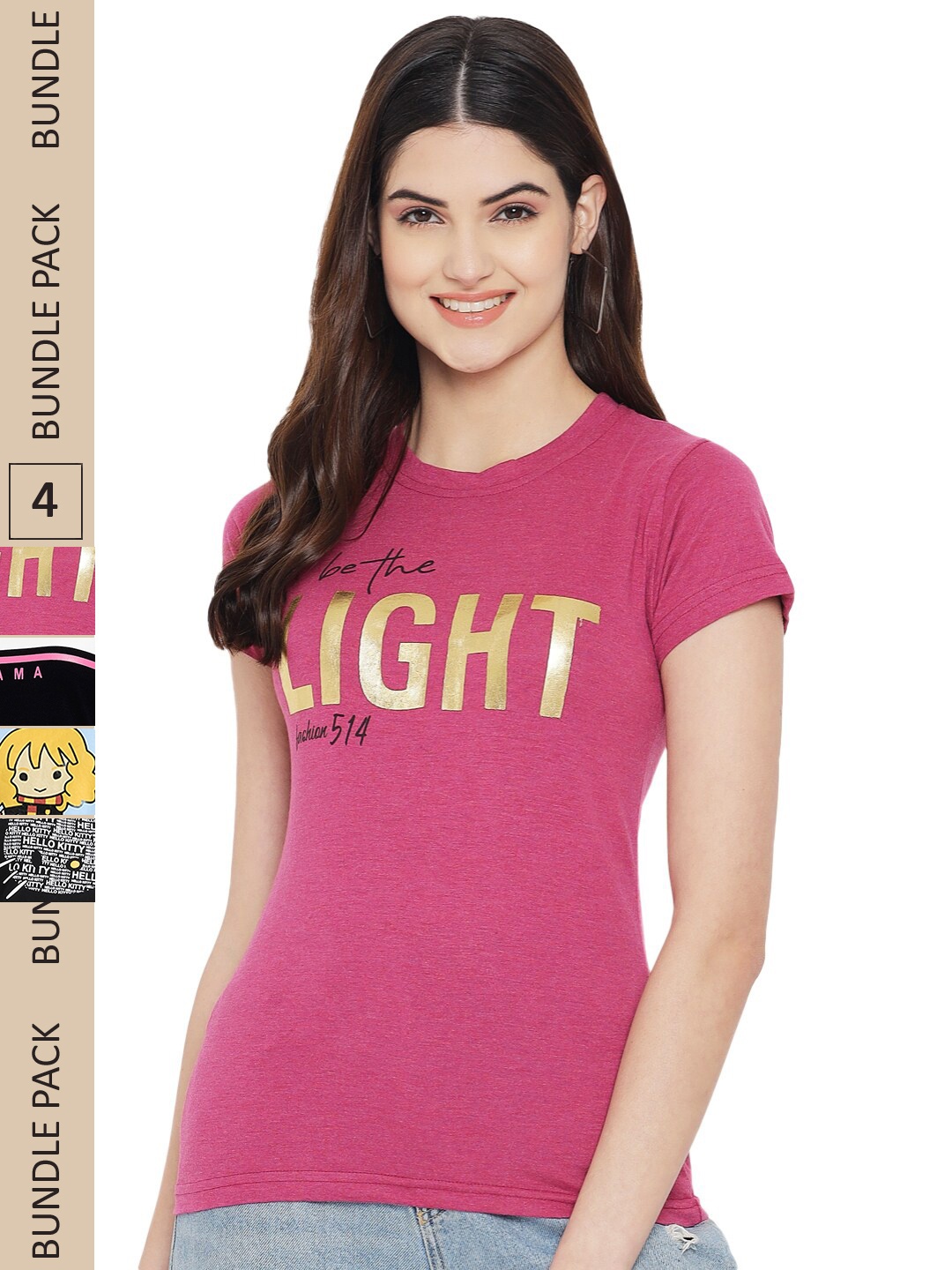 

Fabflee Pack Of 4 Printed Cotton T-shirts, Mauve