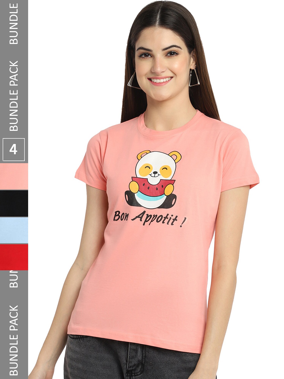 

Fabflee Pack Of 4 Printed Cotton T-Shirts, Pink